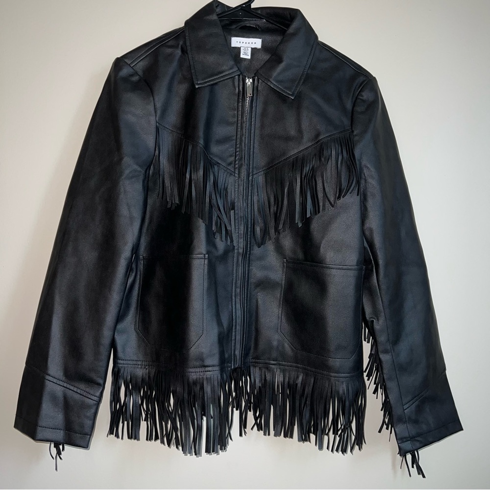 NWT TOPSHOP faux leather black fringe jacket size 8 (medium)